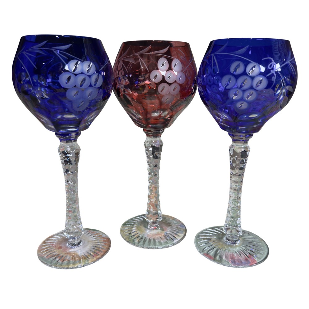 3 VTG MCM Ajka Marsala Cut to Clear Crystal Wine Hock Traube Goblets Grape Vine